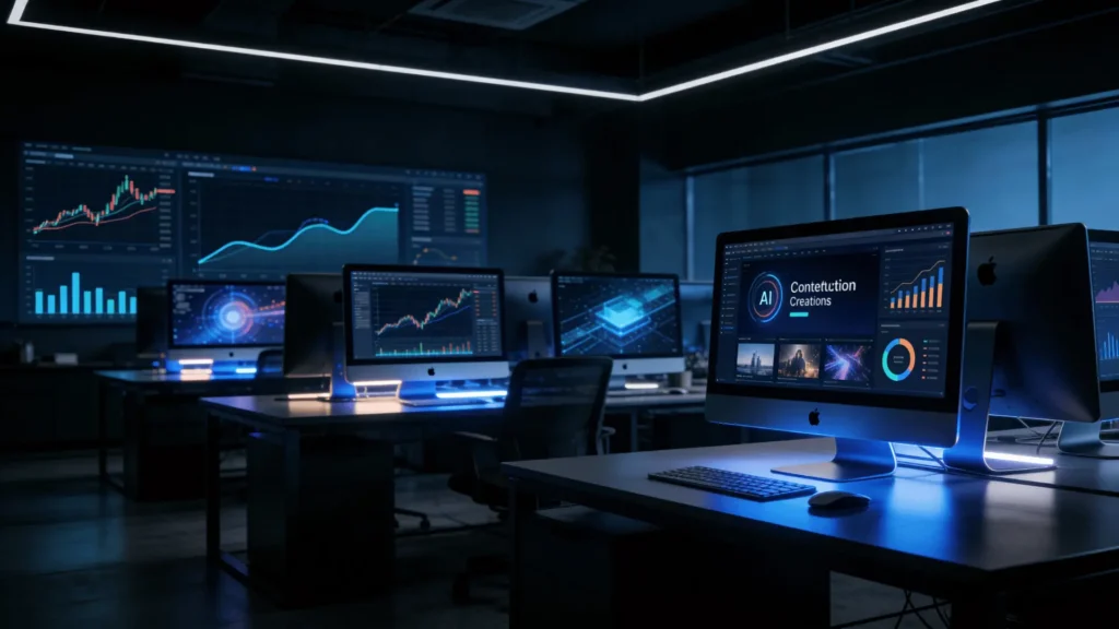 En digital verden der forstiller ScaleHubs kontor med masser data og statistik.